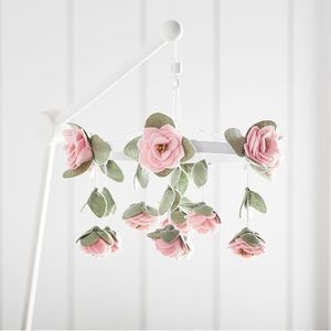 Pottery Barn Kids Felted Pink Roses Musical Baby Crib Mobile like new with box